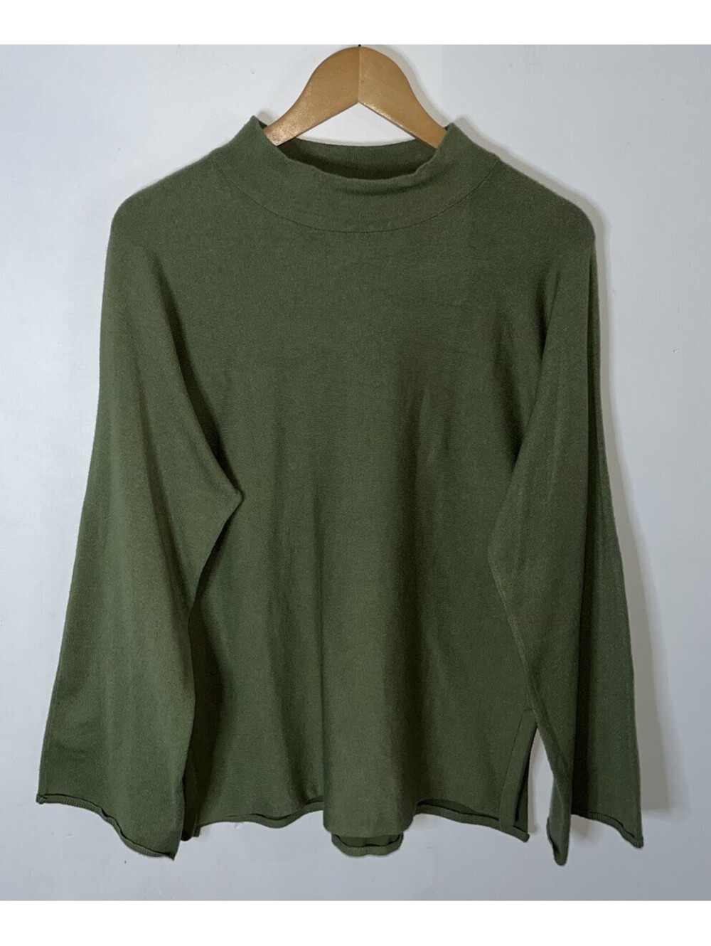 Sage Green Relaxed Wide Sleeve Side Slit Mock Neck Pullover Sweater Size Large